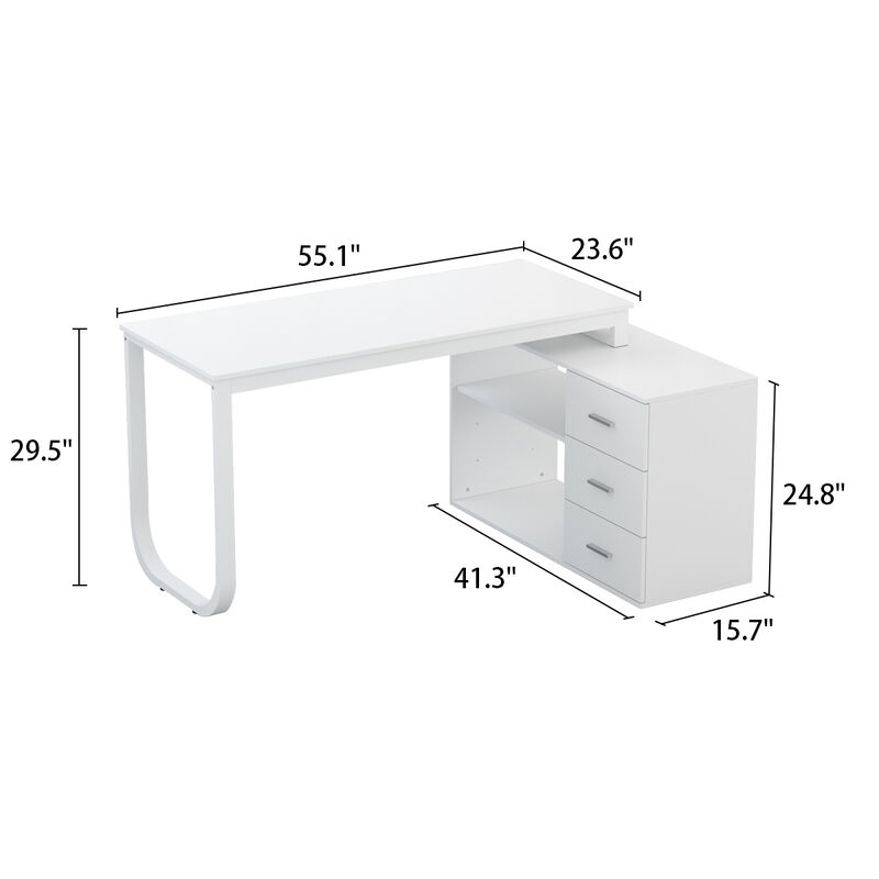 55.1 in. L-Shaped White Wood Writing Desk Corner Gaming Desk With 2-Tier Shelves and 3-Drawers Home Office Use