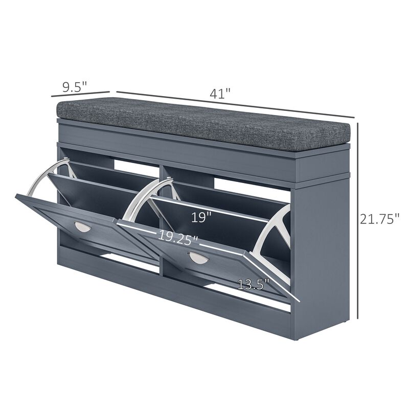 Gray Entryway Shoe Bench: 2 Drawers, Cushion, 8-Pair Capacity
