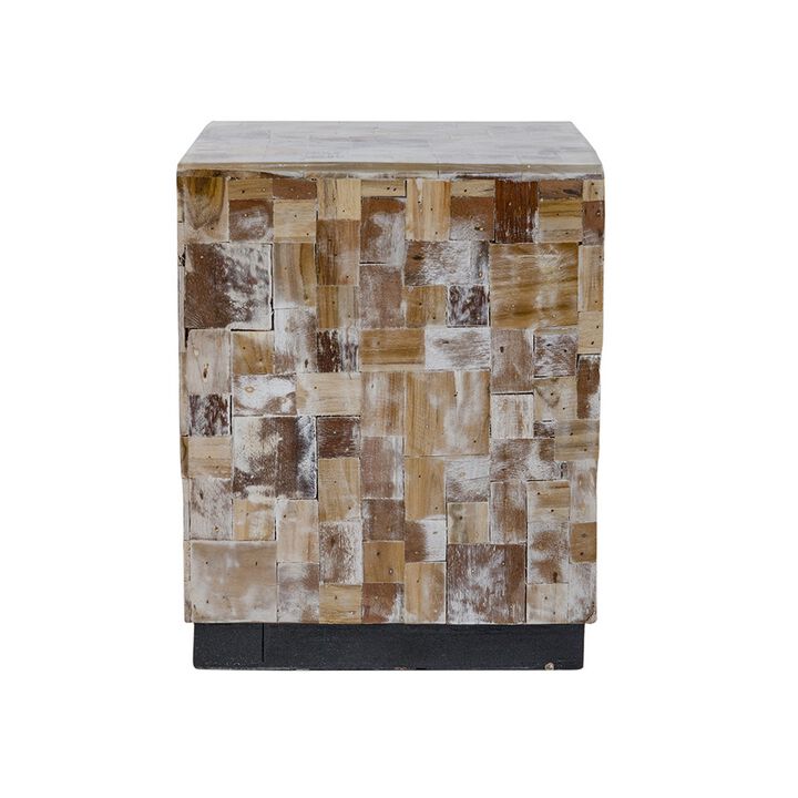 19 Inch Side End Table Stool, Square, Resin Patchwork Style Design, Brown - Benzara