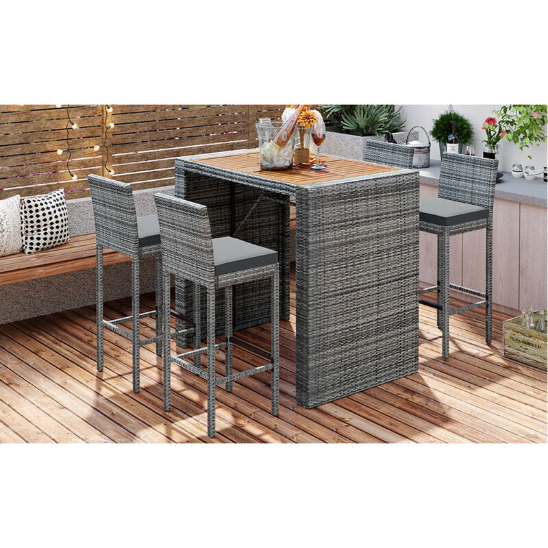 5-Pieces Outdoor Patio Wicker Bar Set, Bar Height Chairs With Non-Slip Feet And Fixed Rope