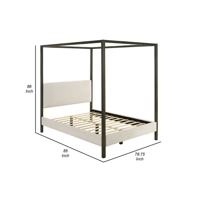 Rey King Size Canopy Bed, Padded Headboard, 4 Post Frame, Ivory Upholstery - Benzara