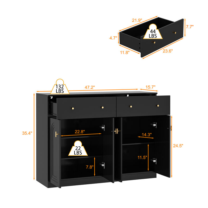 FUFU&GAGA Modern Black Sideboard with 2 Drawers & 4 Cabinet Doors, T-Shaped Door Design, Gold Handles, and Adjustable Shelves (47.2" W x 35.4" H x 15.7" D), Black