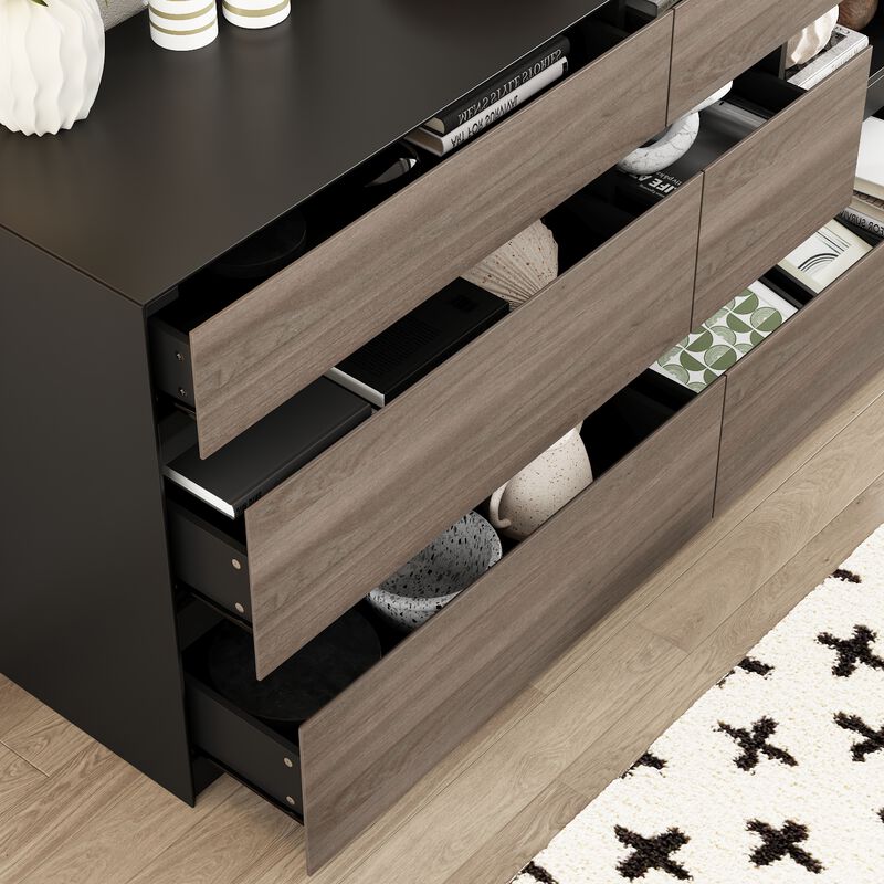 FUFU&GAGA Modern 6-Drawer Sideboard with Open Storage, Black and Rustic Wood Finish (63" W x 15.9" D x 30" H),Brown