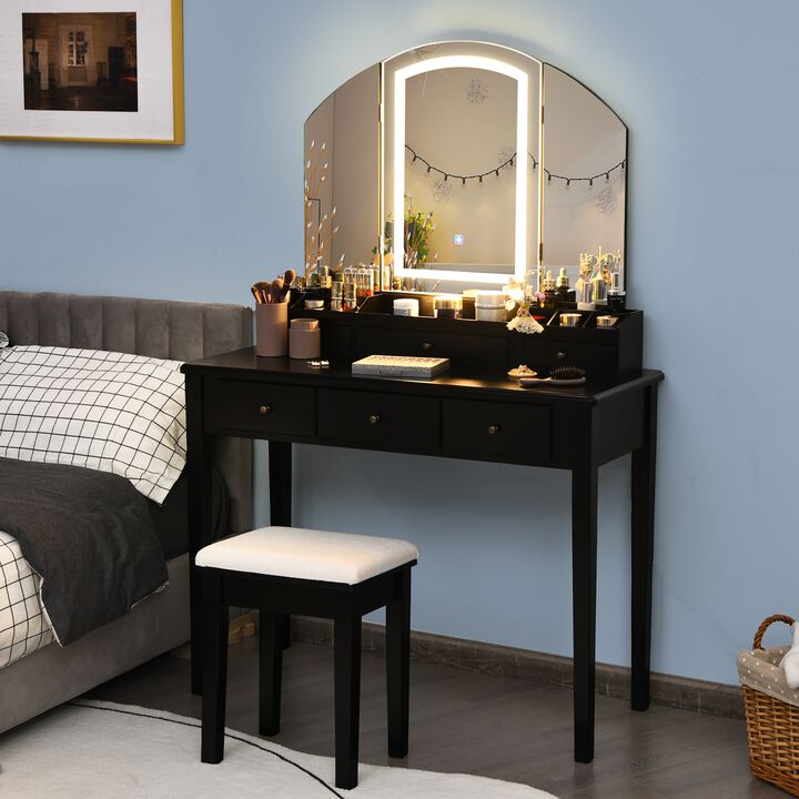 Vanity Table Stool Set with Large Tri-Folding Lighted Mirror for Bedroom or Dressing Area