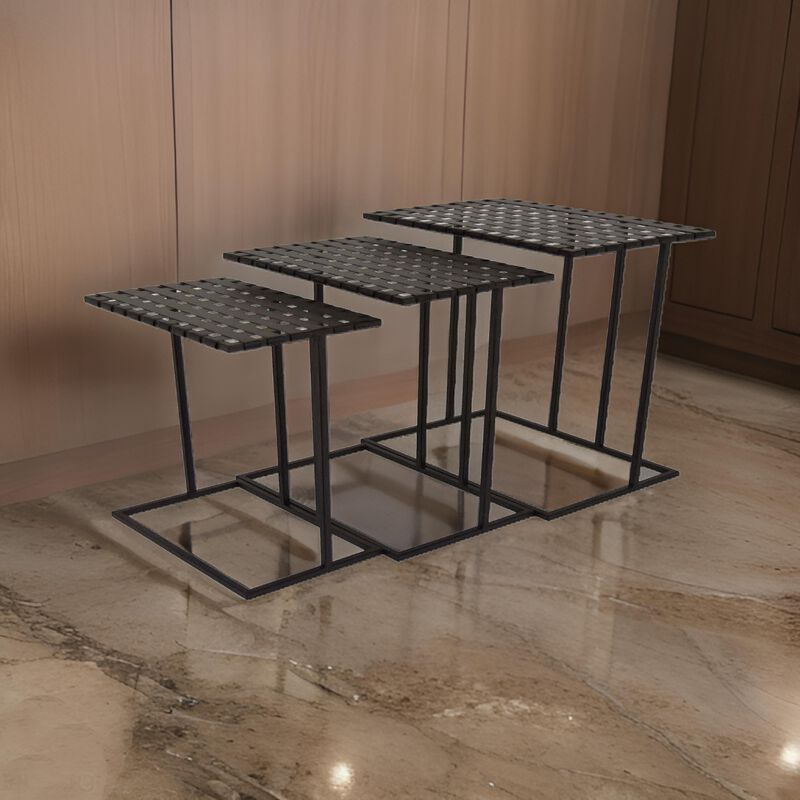 Set of 3 Plant Stand Side Tables, Rectangular Mesh Top, Black Metal Frame - Benzara