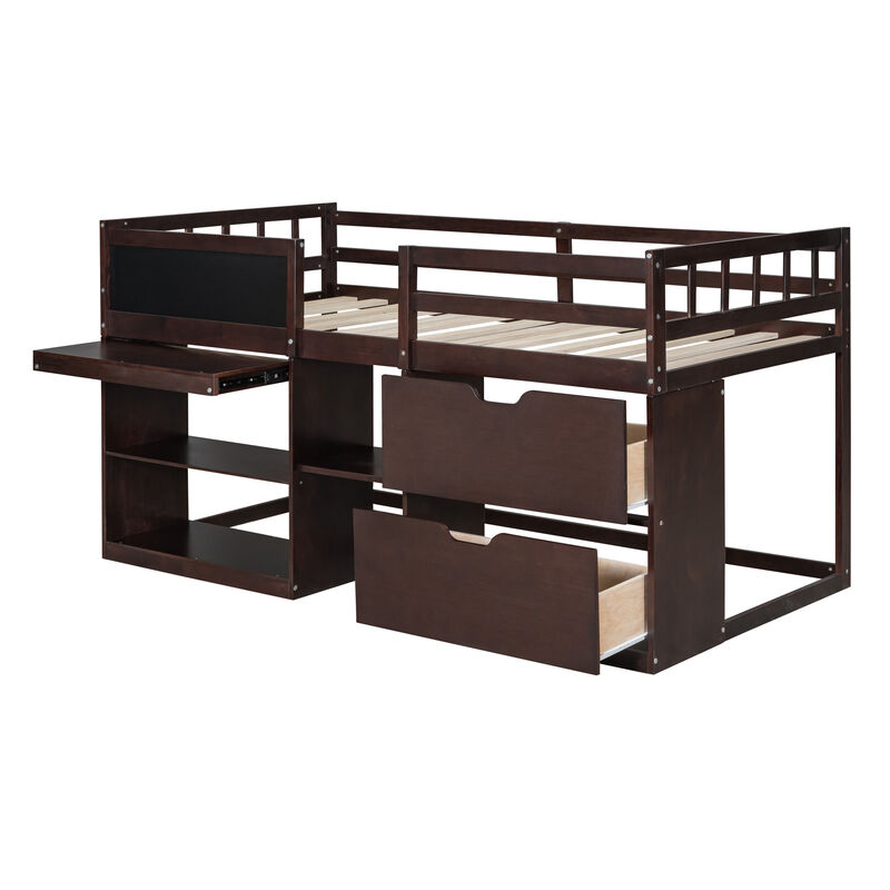 Merax Low Loft Bed with Rolling Desk and Drawers