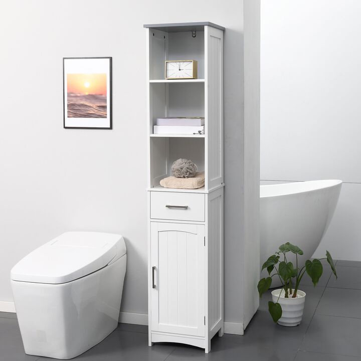 White Bathroom Organizer: Slim 3-Tier Cabinet with Drawer & Door