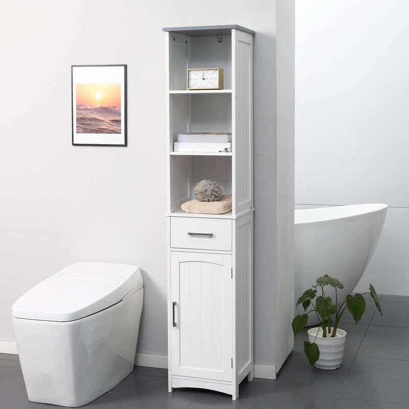 White Bathroom Organizer: Slim 3-Tier Cabinet with Drawer & Door