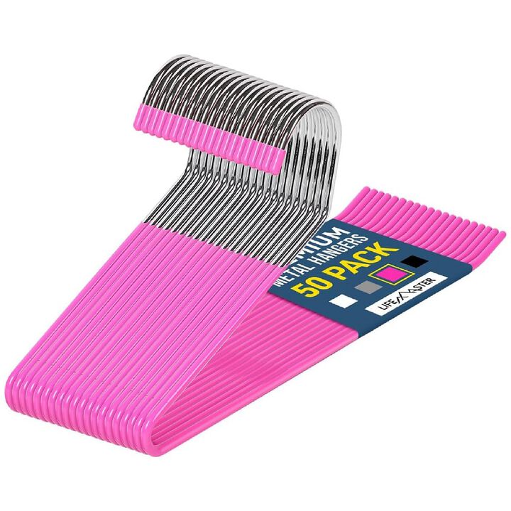 Metal Pants Hanger Set - 50 Pieces Elegant Non-Slip Closet Space Saving Hanger Set for Pants, Trouser, Blankets, and Jeans with Open Ended Sleek Design - Pink