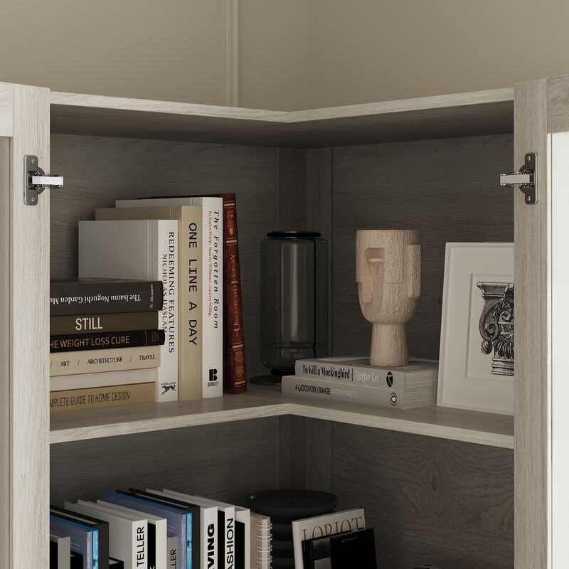 FUFU&GAGA Modern Wood Grain Corner Bookcase with Adjustable Shelves and Glass Doors (31.5" W x 70.9" H x 31.5" D), Wood Grain