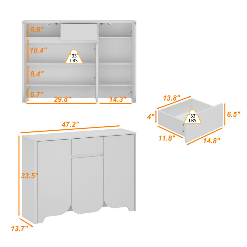 FUFU&GAGA Modern White Cabinet – 3 Doors, 1 Drawer, Arched Design, MDF Living Room Storage Cabinet (47.2" W x 13.7" D x 33.5" H), White