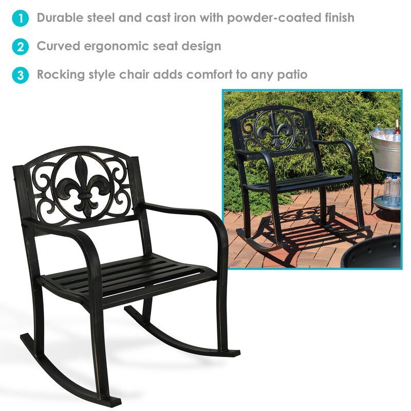 Sunnydaze Fleur-de-Lis Cast Iron and Steel Outdoor Rocking Chair - Black