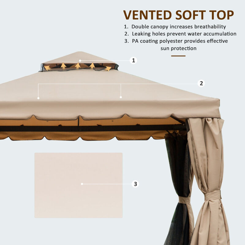 Khaki Backyard Haven: 10'x10' Gazebo with Netting & Double-Vented Roof