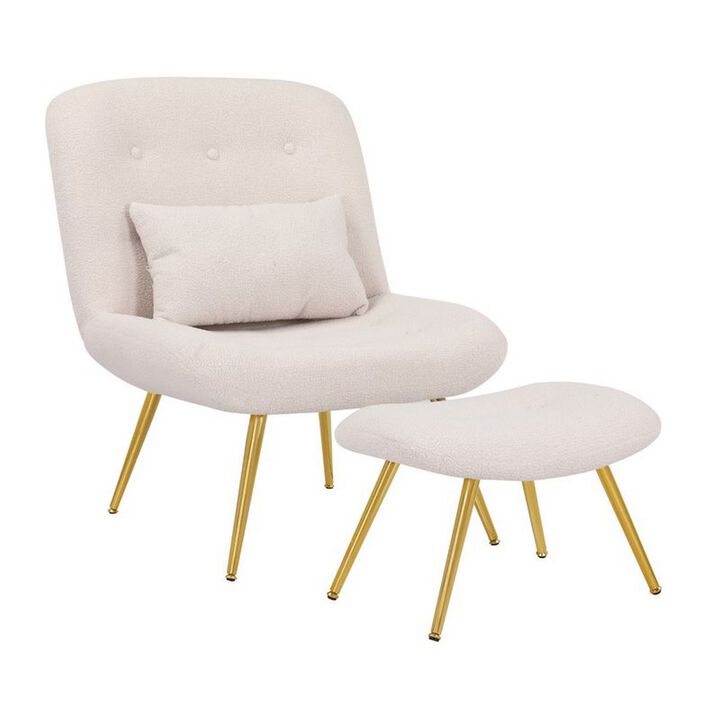 Lea 2pc Accent Lounge Chair and Ottoman Set, Tan Teddy Upholstery, Gold - Benzara