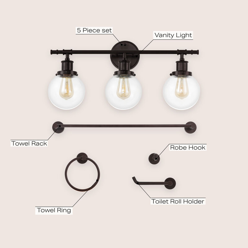 Hugo 24.5" 3-Light Farmhouse Classic Vanity Light with Bathroom Hardware Accessory 5-Piece Set