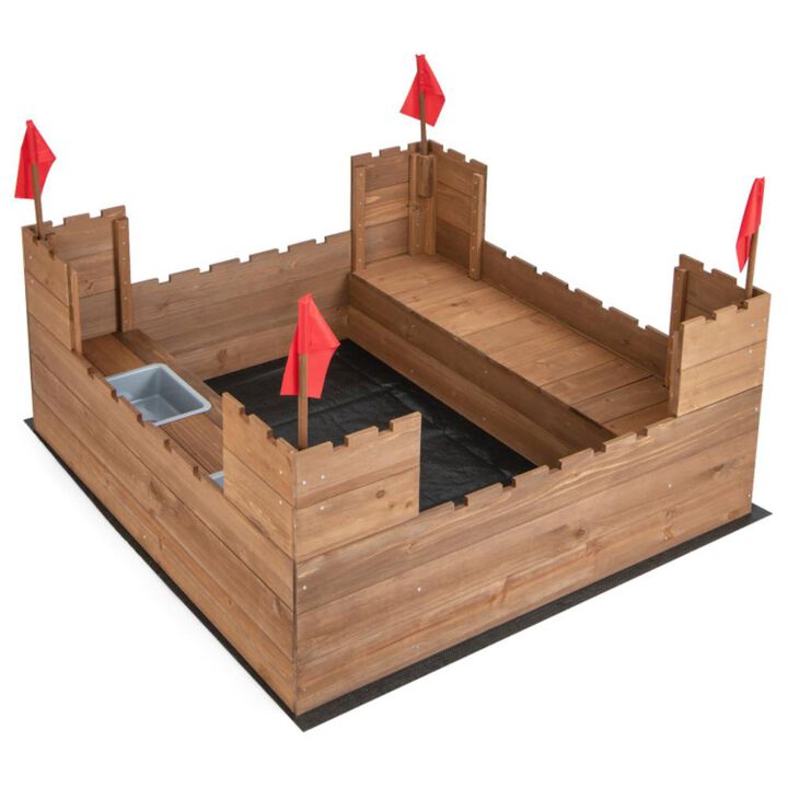Hivvago Kids Wooden Sandbox with Bottom Liner and Red Flags