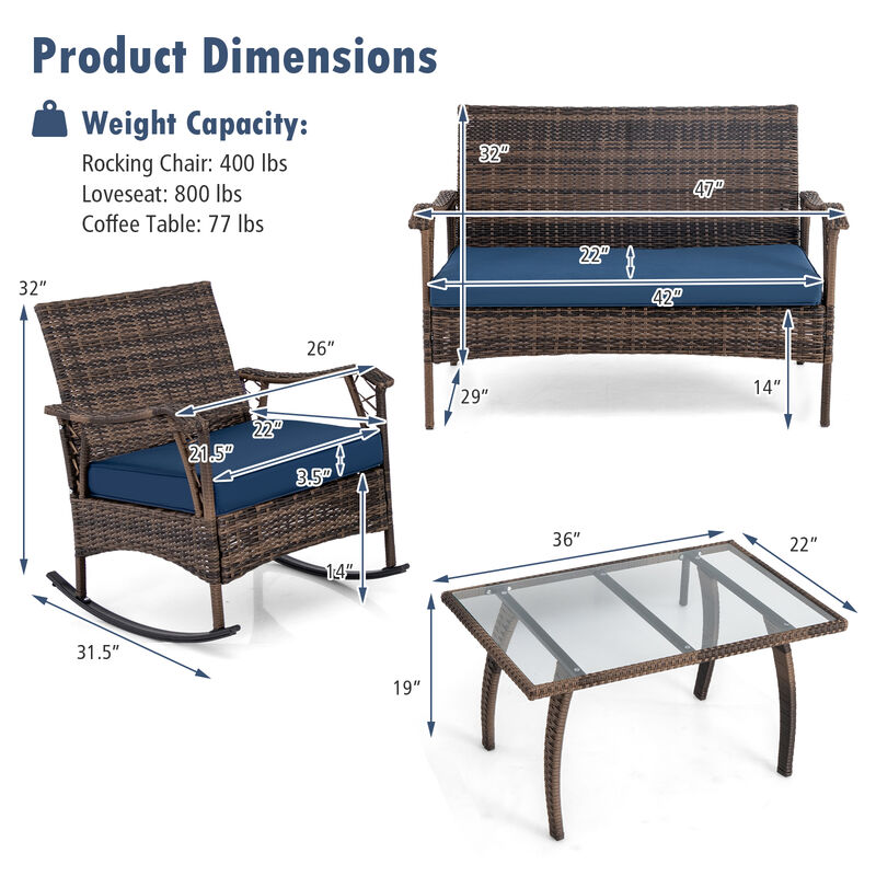 4-Piece Wicker Rocking Set with Bungee Rope Seat – Comfortable Outdoor Chairs for Porch or Yard