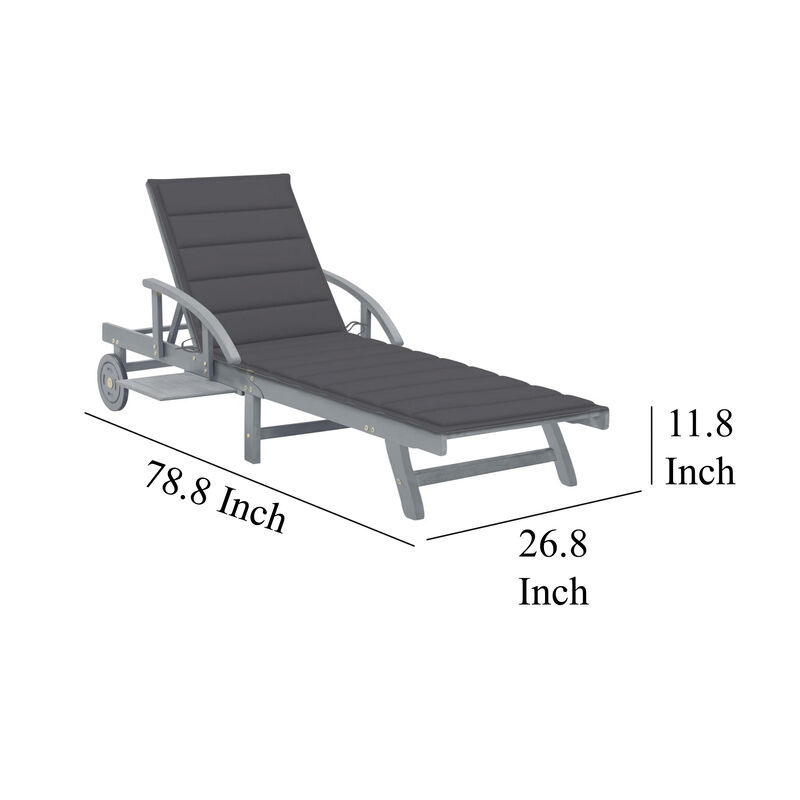 Patio Sun Chaise Lounger, Gray Fabric, Acacia Wood, Wheels, 78 Inch - Benzara