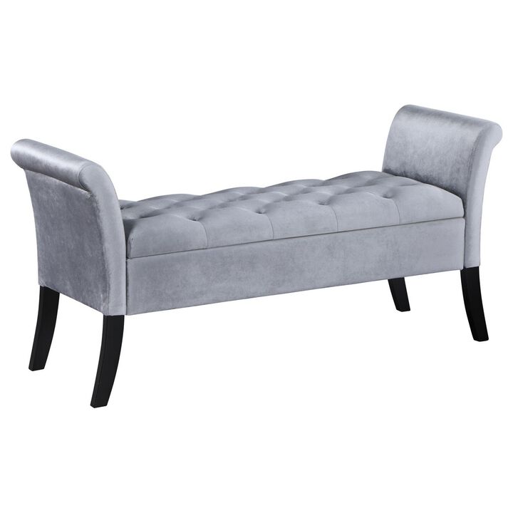 Ako 52 Inch Storage Bench, Button Tufting, Flared Arms, Gray Upholstery - Benzara