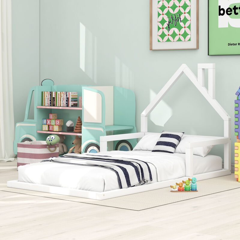 Merax Wood Floor Bed with House-shaped Headboard