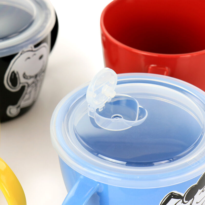Gibson Peanuts 70th Anniversary 4 Piece Stoneware 23.5oz Soup Bowl Set with Vented Lids in Assorted Colors