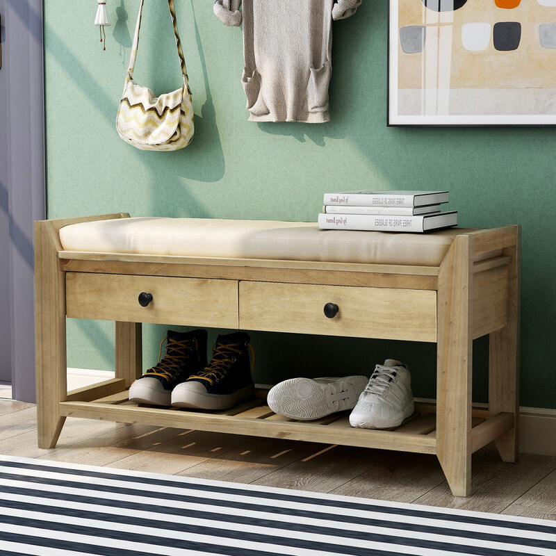 Shoe Rack With Cushioned Seat And Drawers, Multipurpose Entryway Storage Bench