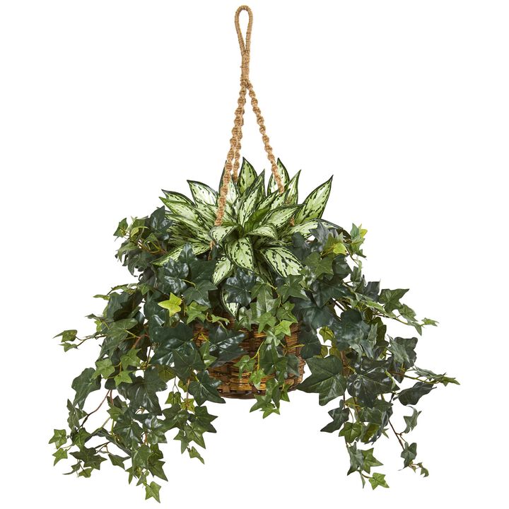 Hivvago 30" Silver Queen and Ivy Artificial Plant in Hanging Basket