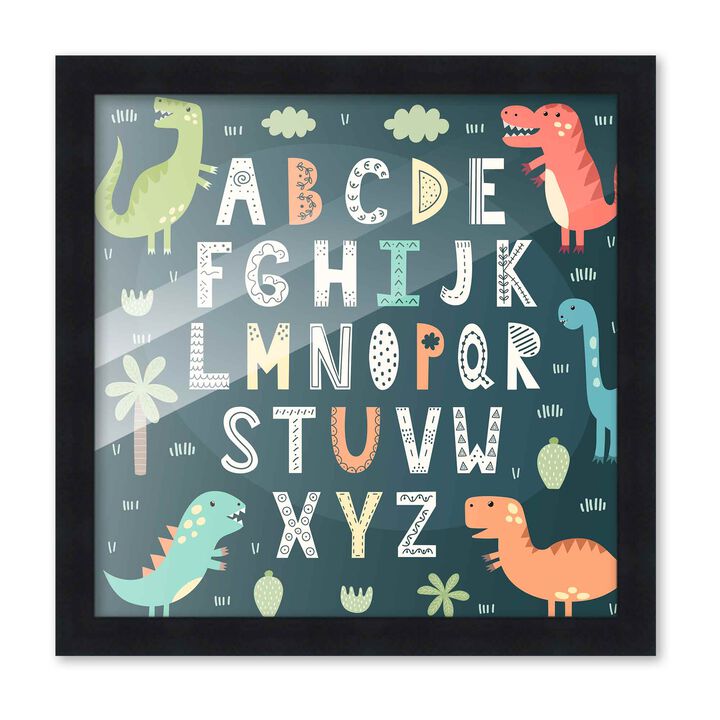 10x10 Framed Nursery Wall Art Hand Drawn Dinosaur ABC Poster In Black Wood Frame For Kid Bedroom or Playroom