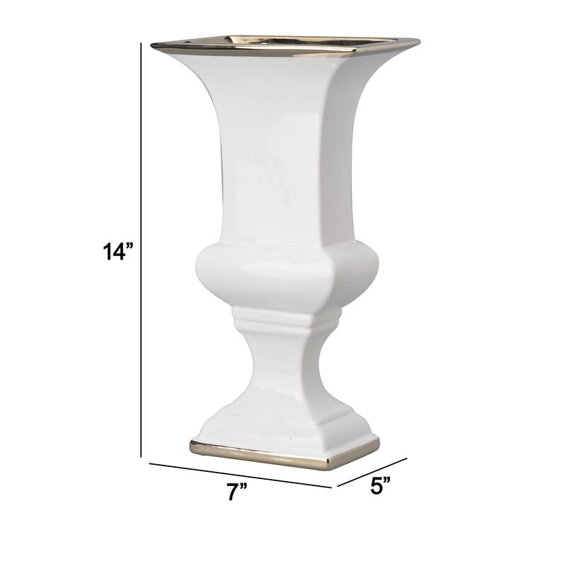 14 Inch Decorative Ceramic Vase, Artistic Turned Urn, White and Gold Rim-Benzara