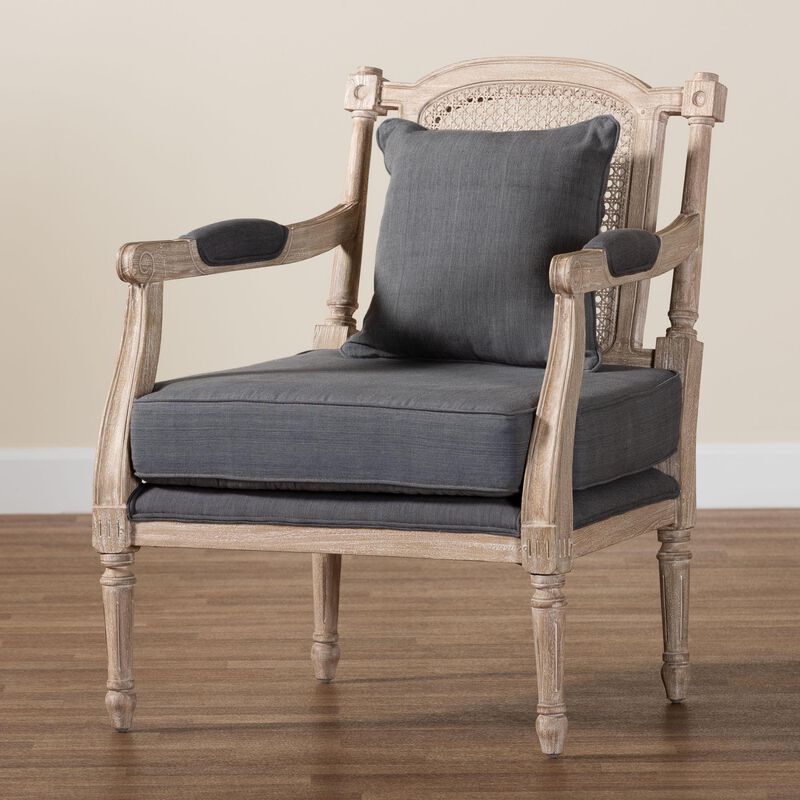 Baxton Studio Clemence French Provincial Grey Fabric Whitewashed Mahogany Wood Armchair