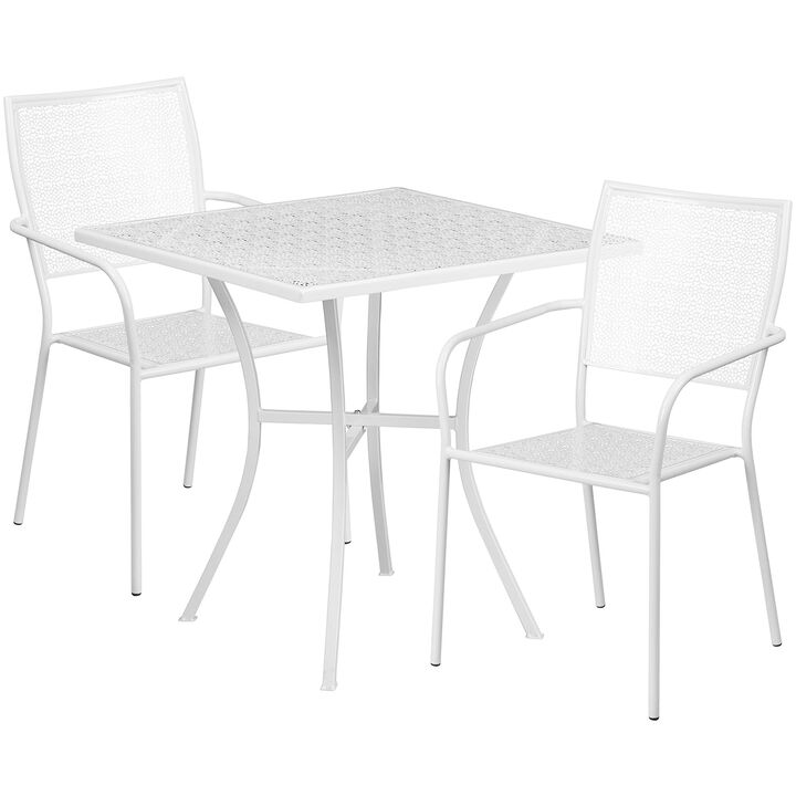 Flash Furniture Commercial Grade 28" Square White Indoor-Outdoor Steel Patio Table Set with 2 Square Back Chairs