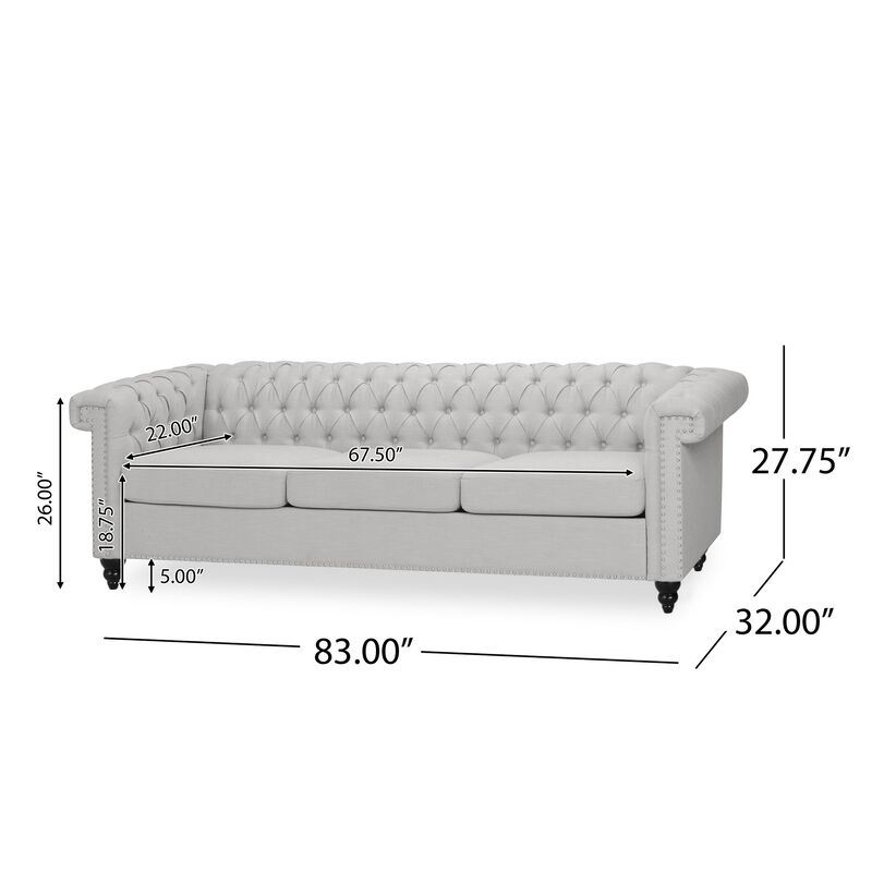 Sofa, 3 Seater, Button Tufted Gray Fabric, 83 Inch, Flared Rolled Arms - Benzara