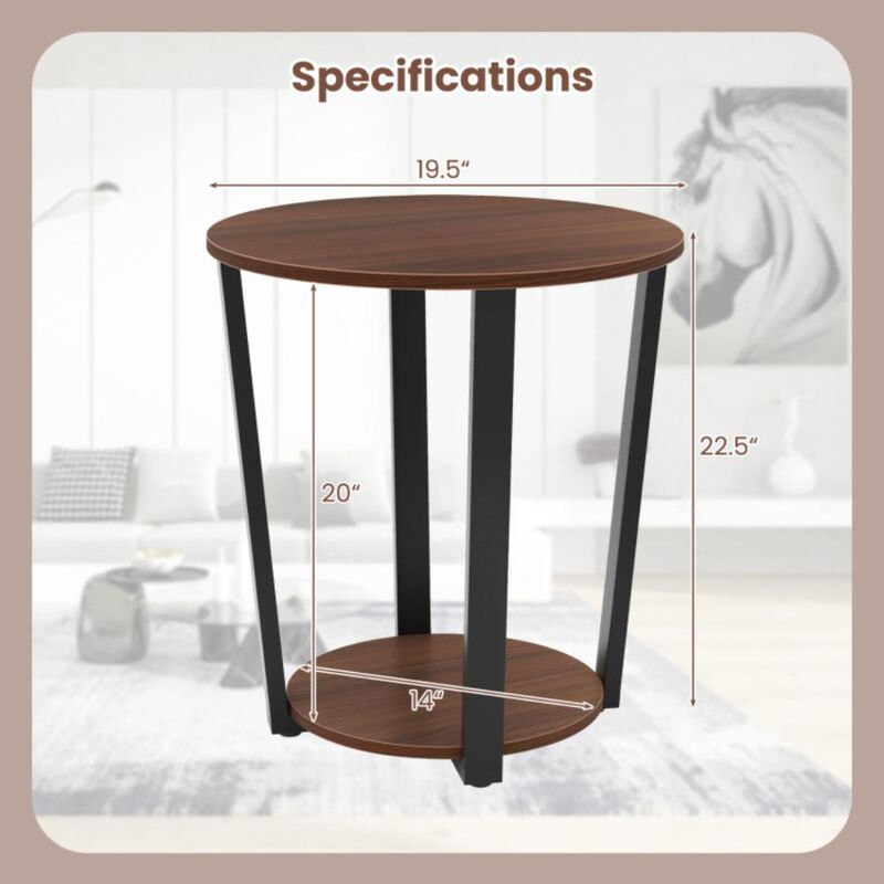 Hivvago Round End Table with Open Shelf and Metal Frame-Walnut