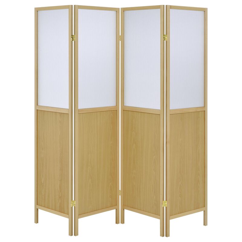 Matt 4 Panel Screen Room Divider, Folding Natural Brown, 70 Inch - Benzara