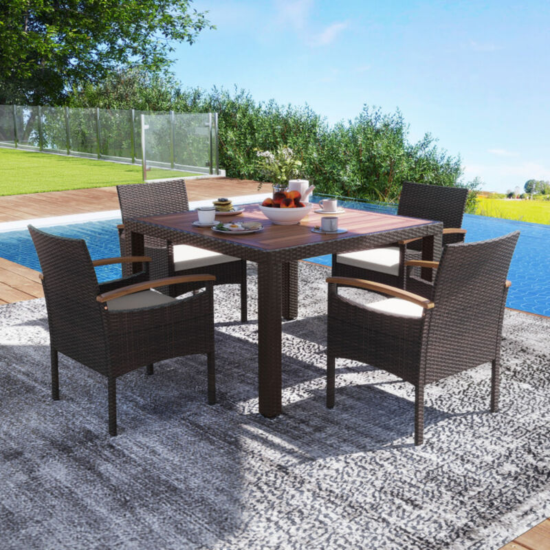 Patio Dining Chairs Set of 2 with Acacia Wood Armrest and Heavy Duty Metal Frame