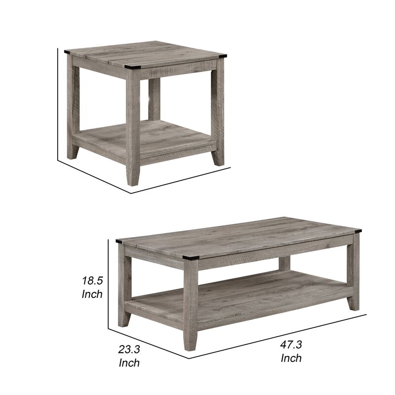 Hilton 3 Piece Coffee and End Table Set, Wood, Storage Shelf, Beige Finish - Benzara