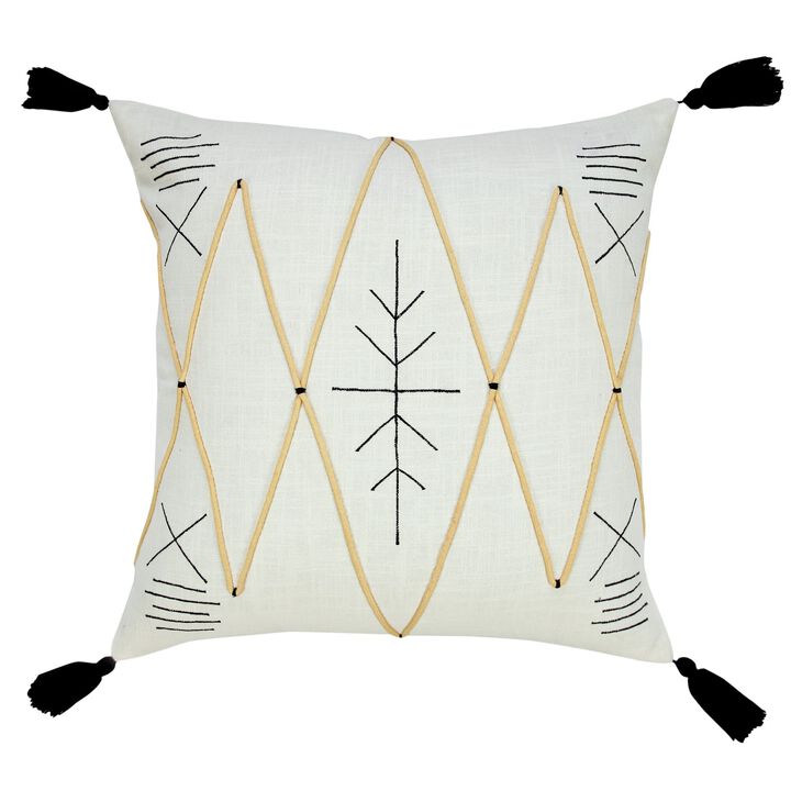 20" Black and White Bohemian Embroidered Square Throw Pillow