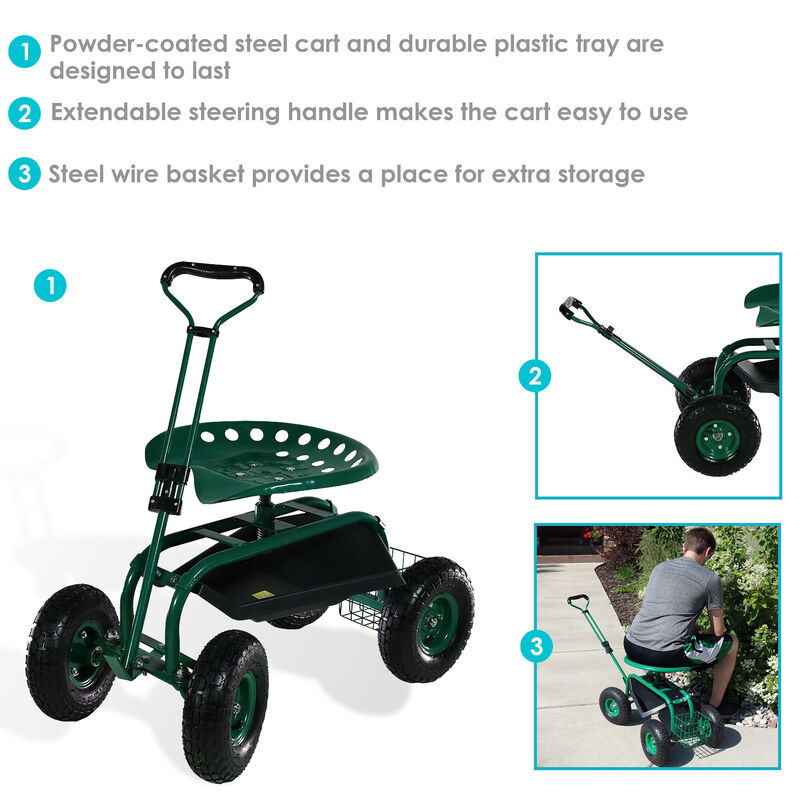 Sunnydaze Steel Rolling Garden Cart with Extended Swivel/Basket