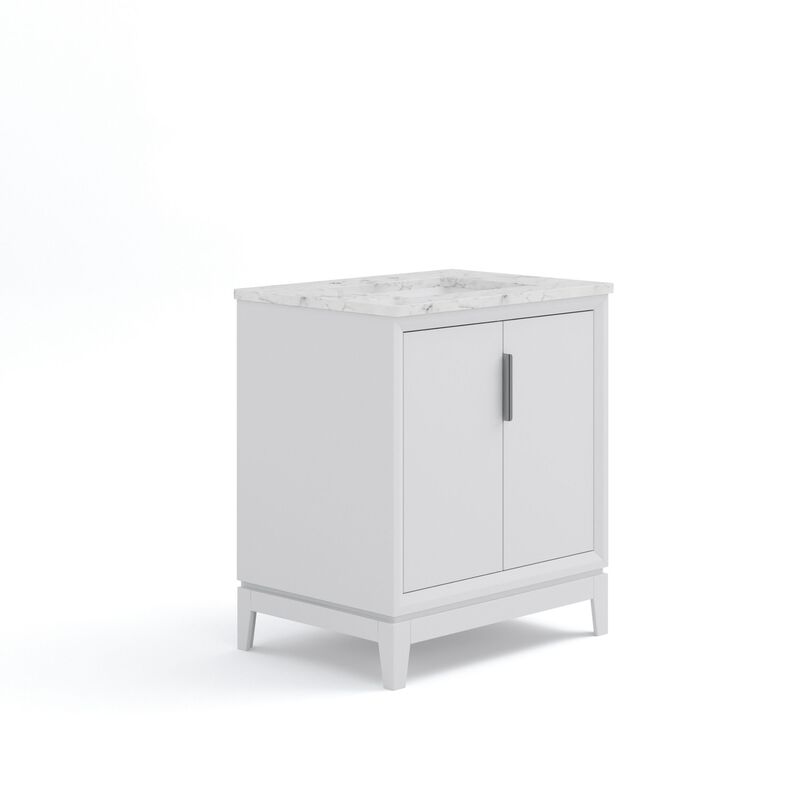 Elizabeth 30 In. Single Sink Carrara White Marble Countertop Bath Vanity In Pure White with Brushed Silver Hardware