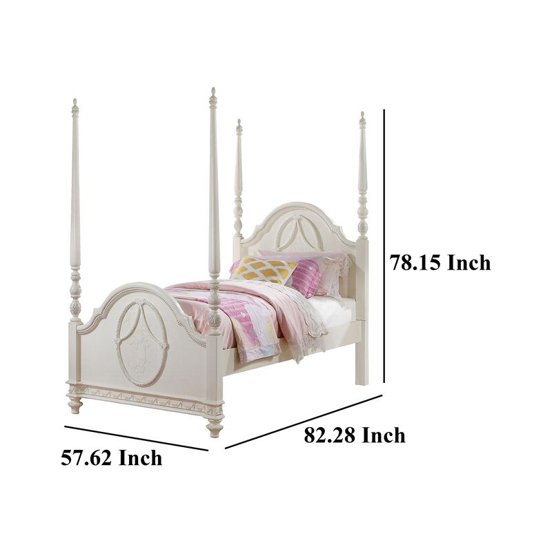 Dorie Full Size Poster Bed, Embossed Floral and Oval Molding, Ivory  - Benzara