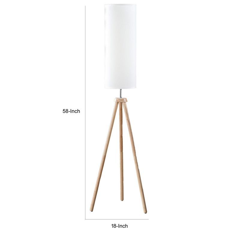 58 Inch Floor Lamp, Tall Glam Drum White Shade, Metal Tripod Body, Brown - Benzara