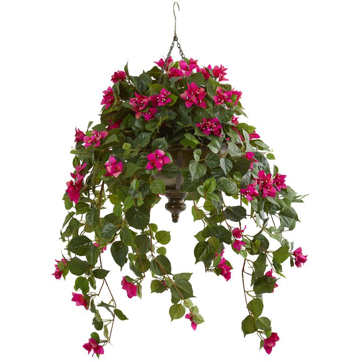 Hivvago 37" Bougainvillea Artificial Plant in Hanging Metal Bowl