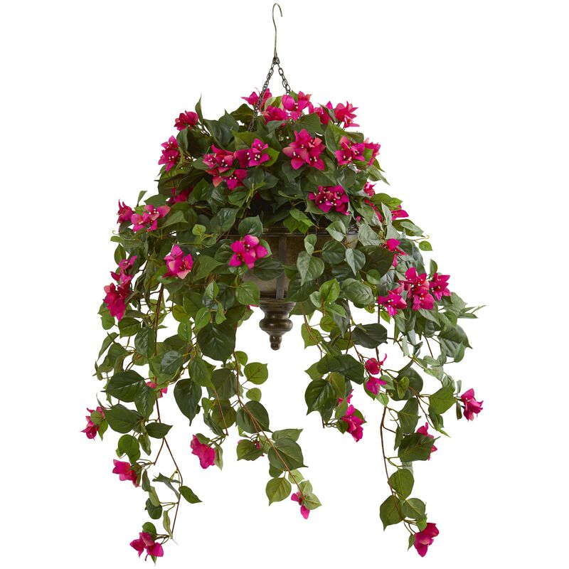 Hivvago 37" Bougainvillea Artificial Plant in Hanging Metal Bowl