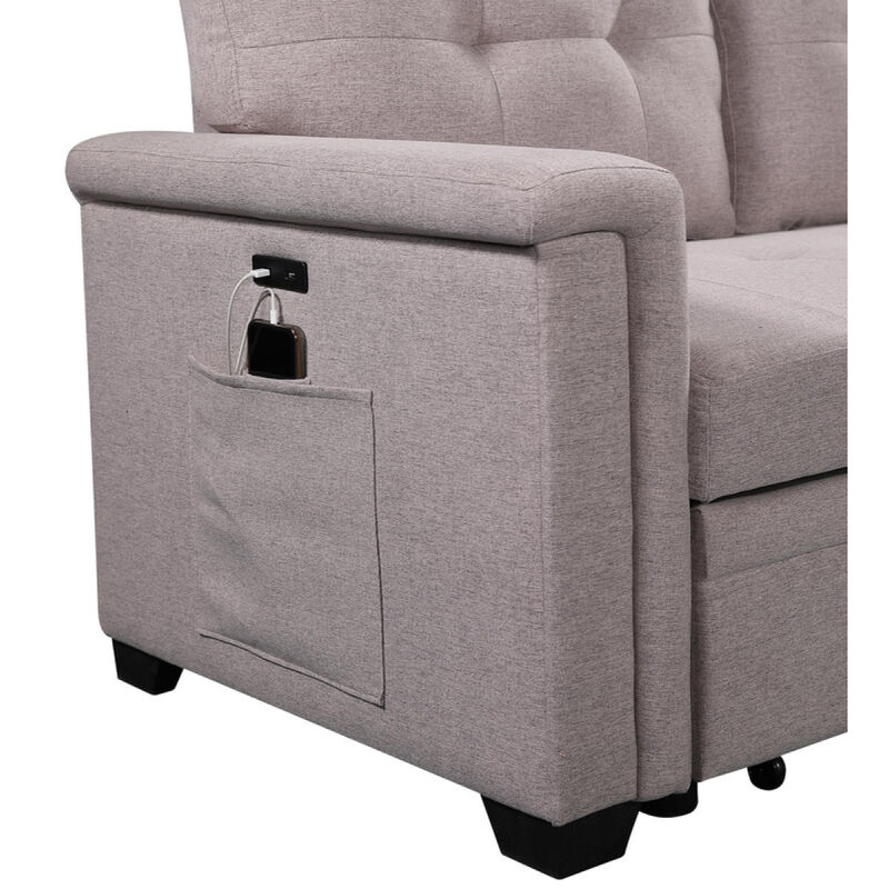 Nathan Light Reversible Sleeper Sectional Sofa With Storage Chaise, USB Charging Ports And Pocket