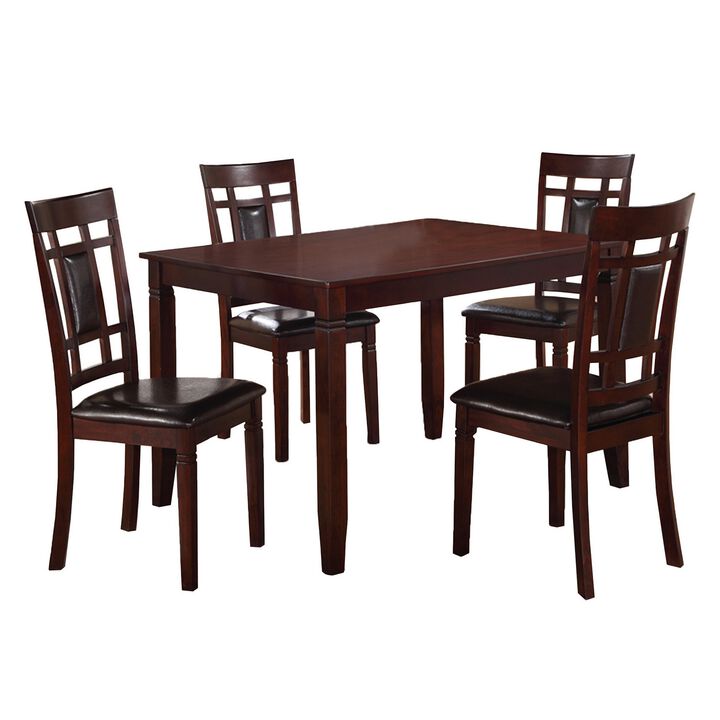 Wooden And Leather 5 Pieces Dining Set In Brown And Black-Benzara