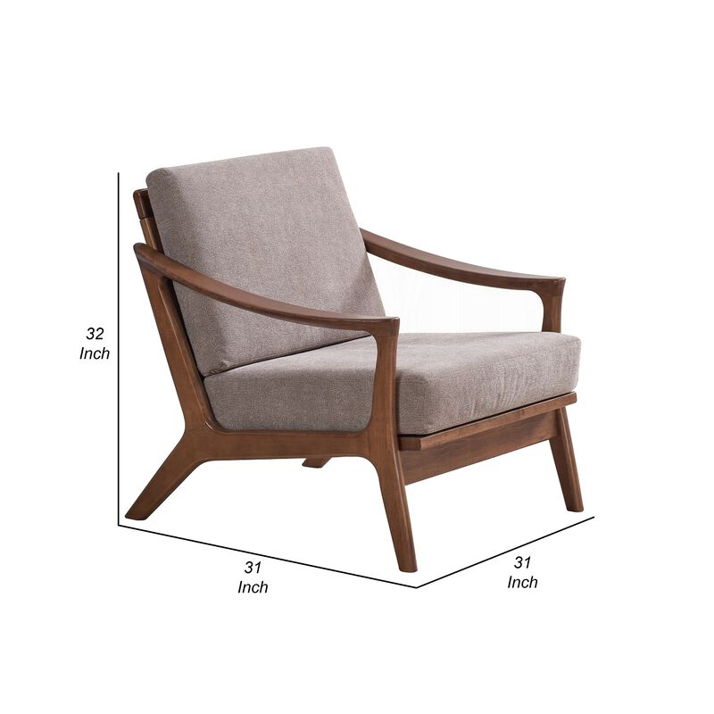 Liama Accent Chair, Light Brown Fabric, Soft Cushioning, Brown Wood - Benzara