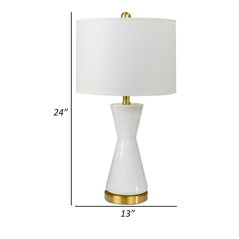 Elma 24 Inch Table Lamp Set of 2, Hourglass Stand, Gold Trim, Glass, White-Benzara