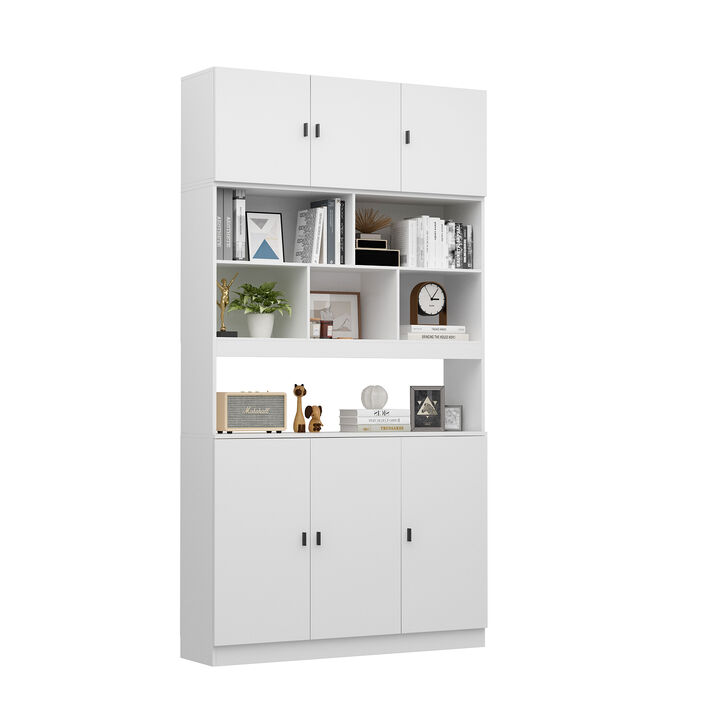 FUFU&GAGA Modern White Storage Shelf with Adjustable Shelves, P2 MDF, Glass Doors (47.2" W x 87.8" H x 12.2" D), White