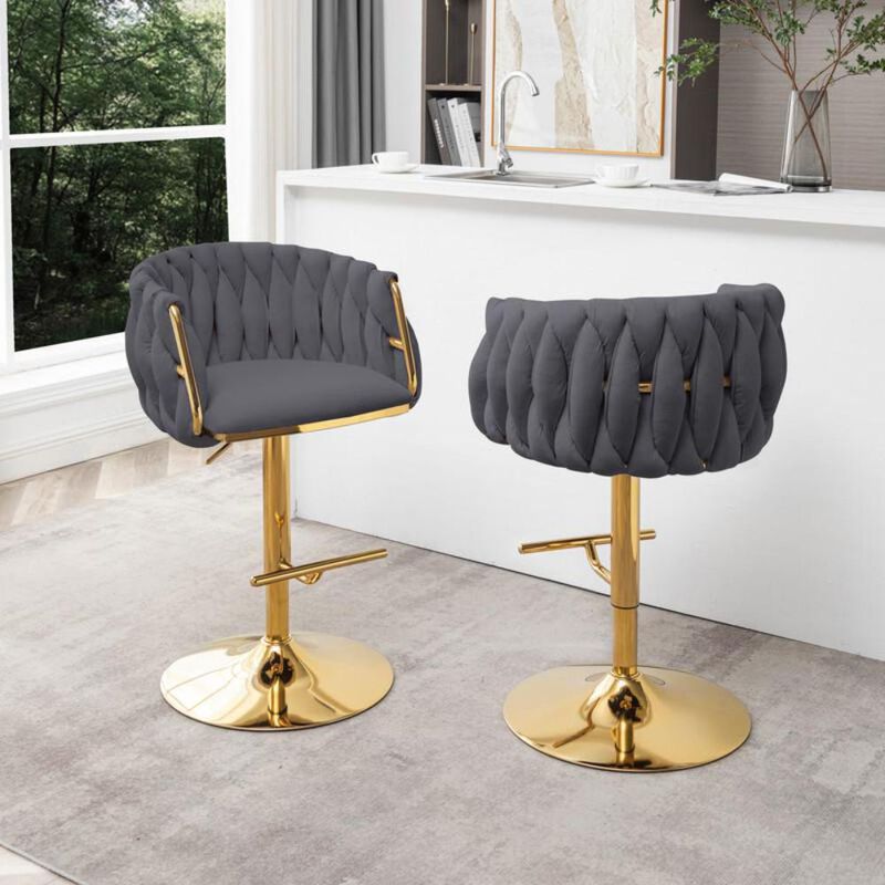 Velvet barstool in Dark grey fabric with a gold color base (SET OF 2)
