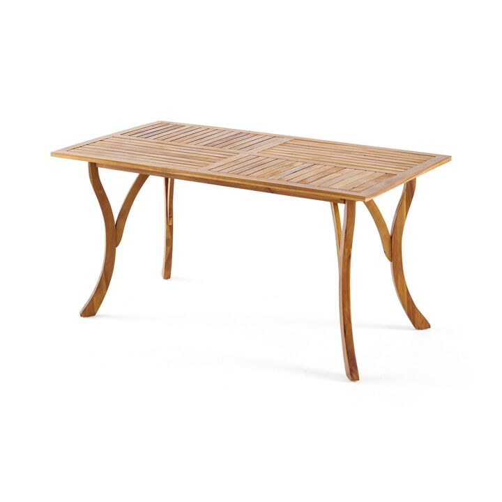 Olen Outdoor Dining Table, Slatted Rectangular 59 Inch, Brown Wood - Benzara